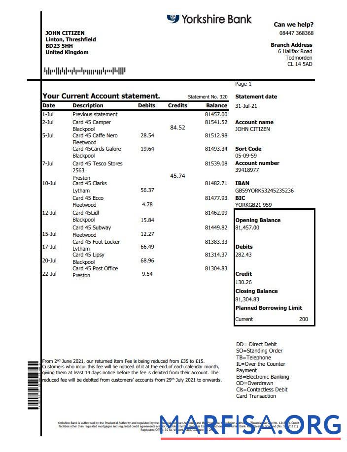 Blank United Kingdom Yorkshire bank statement excel example